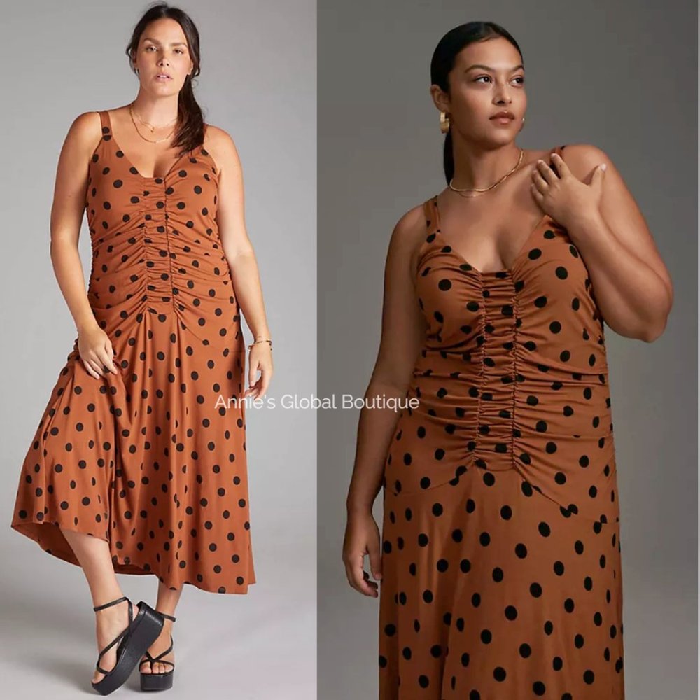 RARE NWT ANTHROPOLOGIE Maeve Ruched Polka Dot Midi Dress. Size L - Picture 12 of 16